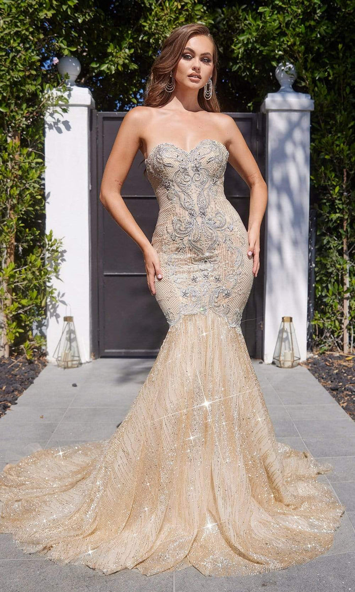 Portia and Scarlett - Ps22182 Strapless Embellished Long Gown Special Occasion Dress 18 / Gold
