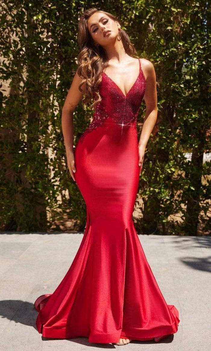 Portia and Scarlett - Ps22641 Glittered Bod V Neck Mermaid Gown Evening Dresses 18 / Red