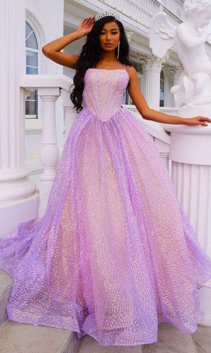 Portia and Scarlett - Ps22660 Square Neck Glittered Ballgown Ball Gowns 18 / Lilac