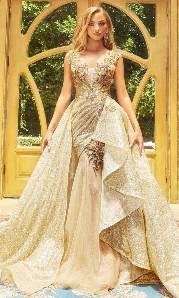 Portia and Scarlett - Ps22960 Pleated Queenly Exquisite Gown Special Occasion Dress 18 / Gold