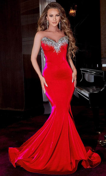 red jeweled prom dress Gorgeous Long Red Mermaid Sequined Sleeveless Prom Dress with Veil Liymc