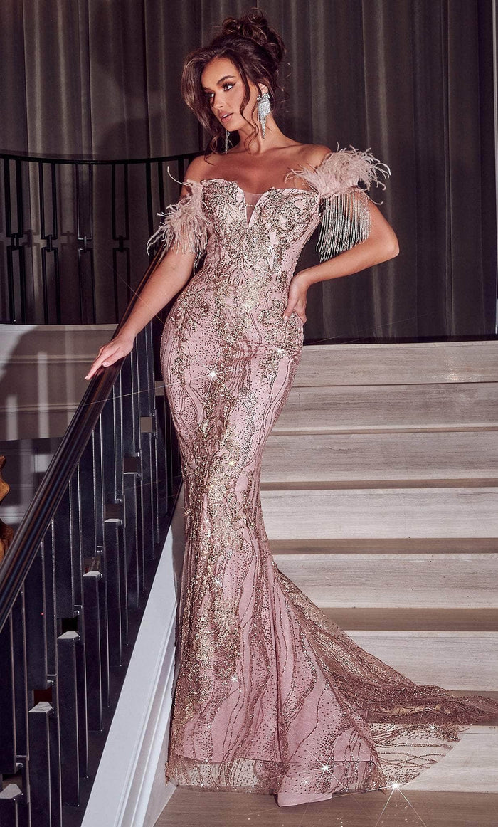 Portia and Scarlett PS23306 - Feather Off-Shoulder Prom Gown Special Occasion Dress 0 / Rose Gold