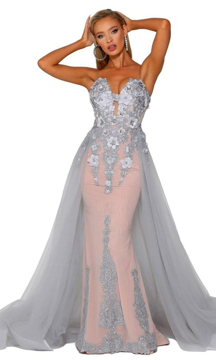 Portia and Scarlett - PS6012 Applique Long Dress With Overskirt Prom Dresses 0 / Silver Nude