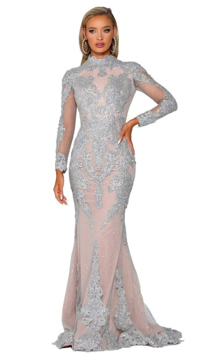 Portia and Scarlett - PS6024 Glittering Long Sleeve Trumpet Gown Prom Dresses 0 / Silver Nude