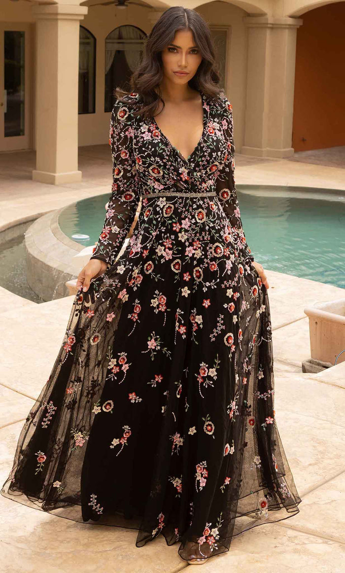 Primavera Couture 12006 - Floral Detailed A-line Dress Prom Dresses 4 / Black Multi