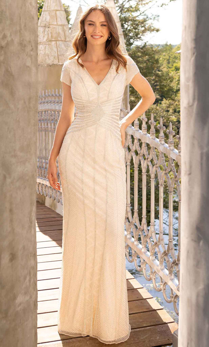 Primavera Couture 12037 - Short Sleeve Beaded Gown Mother Of The Bride Dresses 4 / Nude Silver
