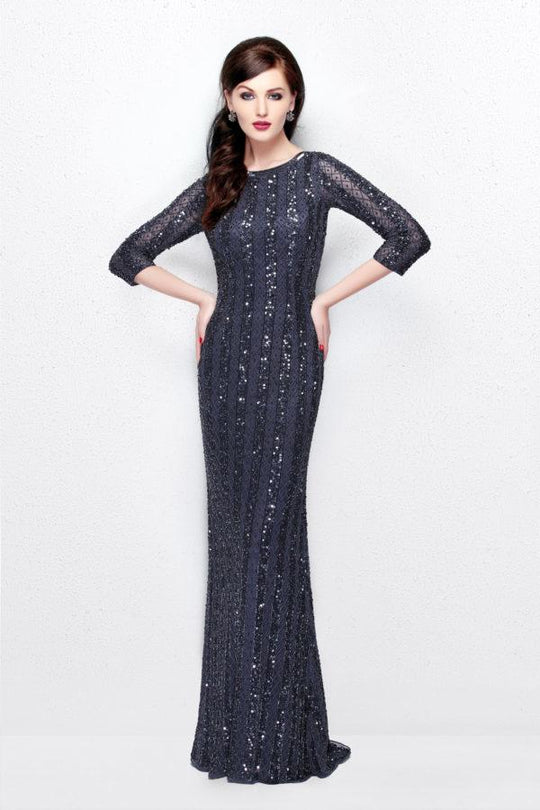 Primavera Couture - 1719 Sheer Quarter Sleeve Embellished Evening Gown - 1 pc Charcoal In Size 2 Available CCSALE 2 / Charcoal