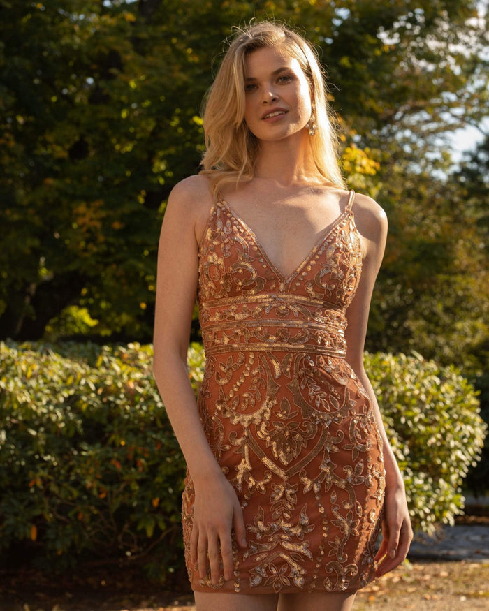 Primavera Couture - 3542 Beaded Plunging V Neck Sheath Dress Special Occasion Dress 00 / Copper