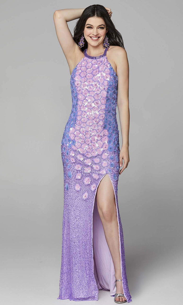 Primavera Couture - 3642 Sequin Halter Dress with Slit Evening Dresses 00 / Lilac
