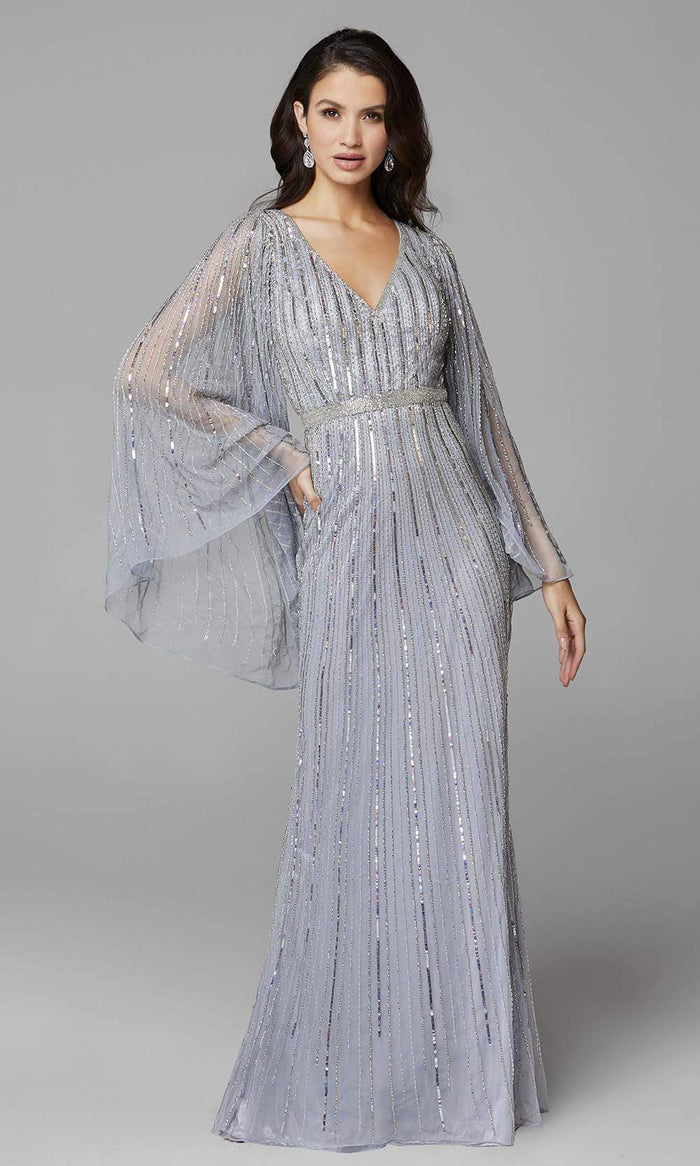 Primavera Couture - 3672 Sequined Long Bell Sleeve Sheath Dress Evening Dresses 0 / Platinum