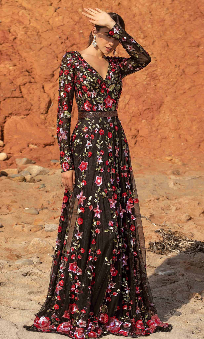 Primavera Couture 3691 - Floral Sequined Stunning A-line Gown Mother Of The Bride Dresses 4 / Black Multi