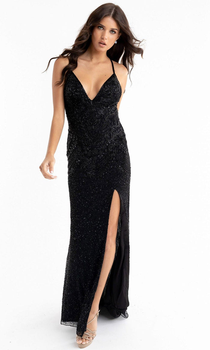 Primavera Couture - 3724 V-Neck Beaded Sleeveless Gown Special Occasion Dress 00 / Black