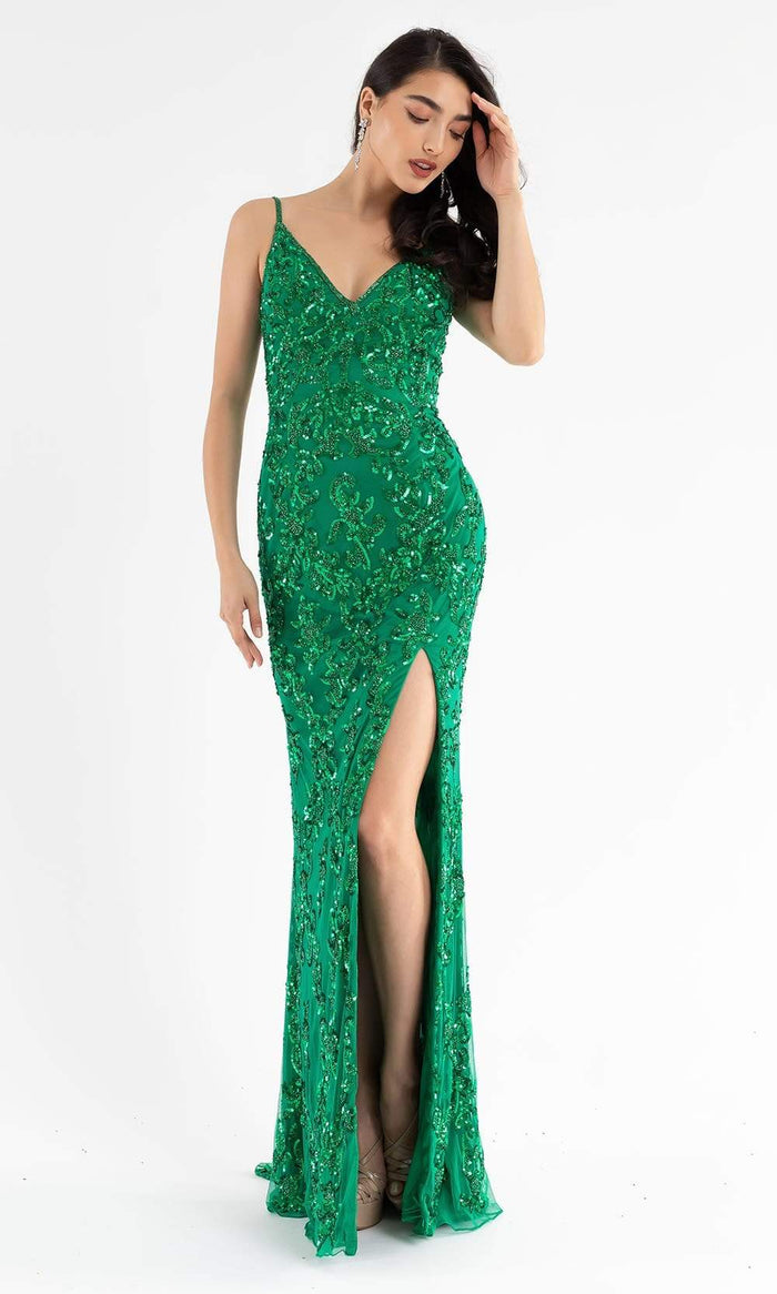 Primavera Couture - 3754 Sequin V-Neck High Slit Gown Special Occasion Dress 00 / Emerald