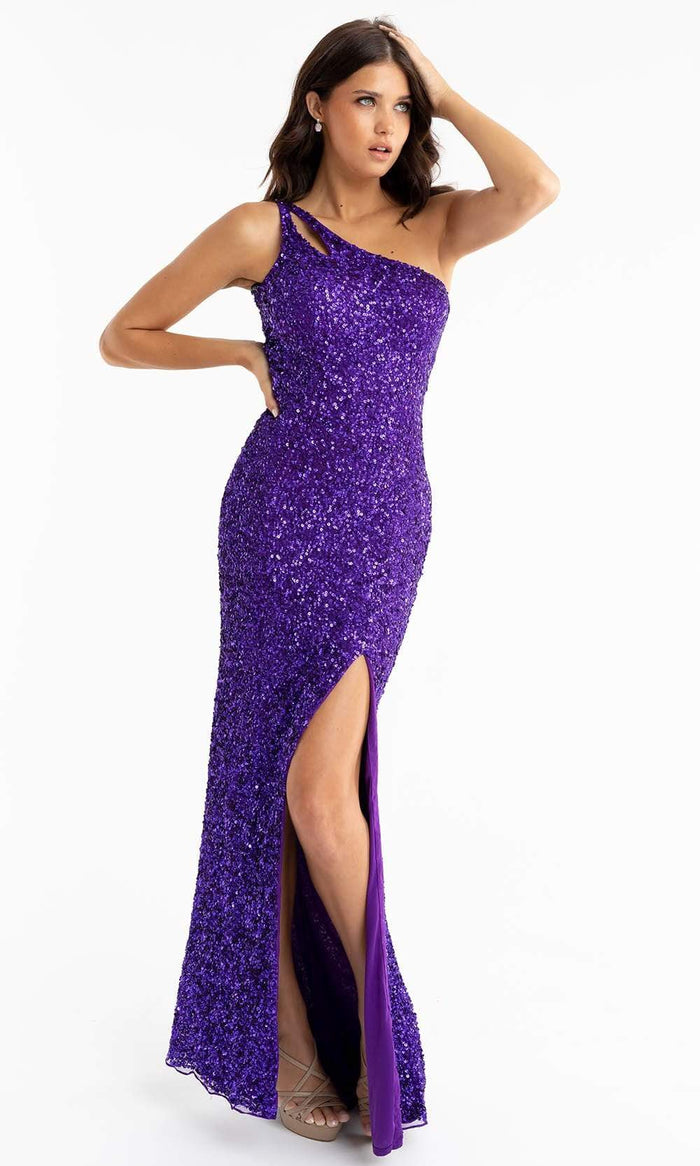 Primavera Couture - 3761 Asymmetrical Sequin Double Strap Dress In Purple