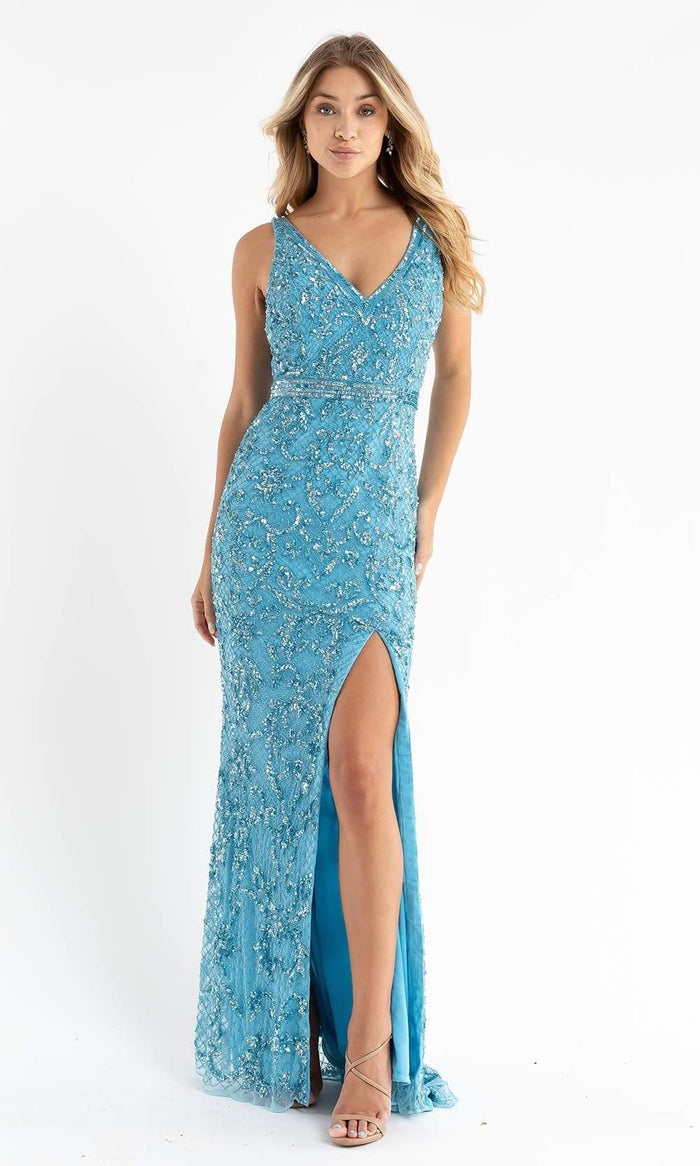 Primavera Couture - 3764 Bold Style Low V Neckline Dazzling Silhouette Evening Gown Special Occasion Dress 00 / Bright Blue