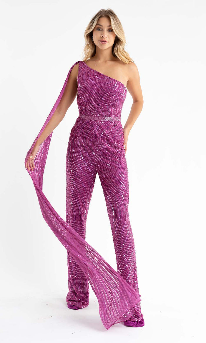 Primavera Couture - 3776 Fully Sequined One Shoulder Cape Jumpsuit Prom Dress Special Occasion Dress 00 / Fushia
