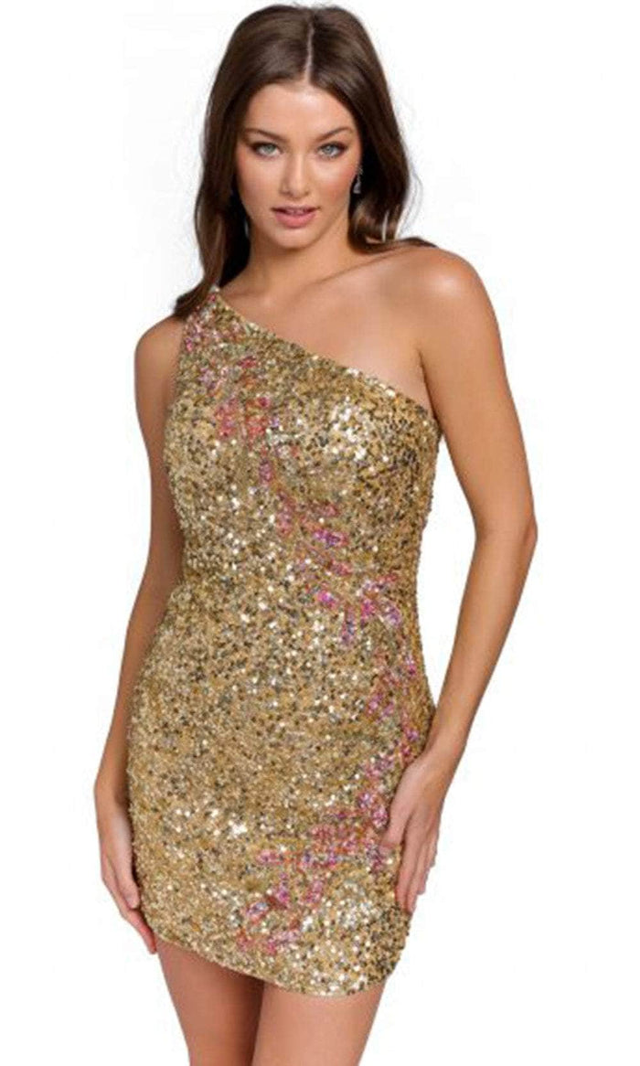 Primavera Couture 3864 - One Shoulder Sequin Cocktail Dress Special Occasion Dress 00 / Gold