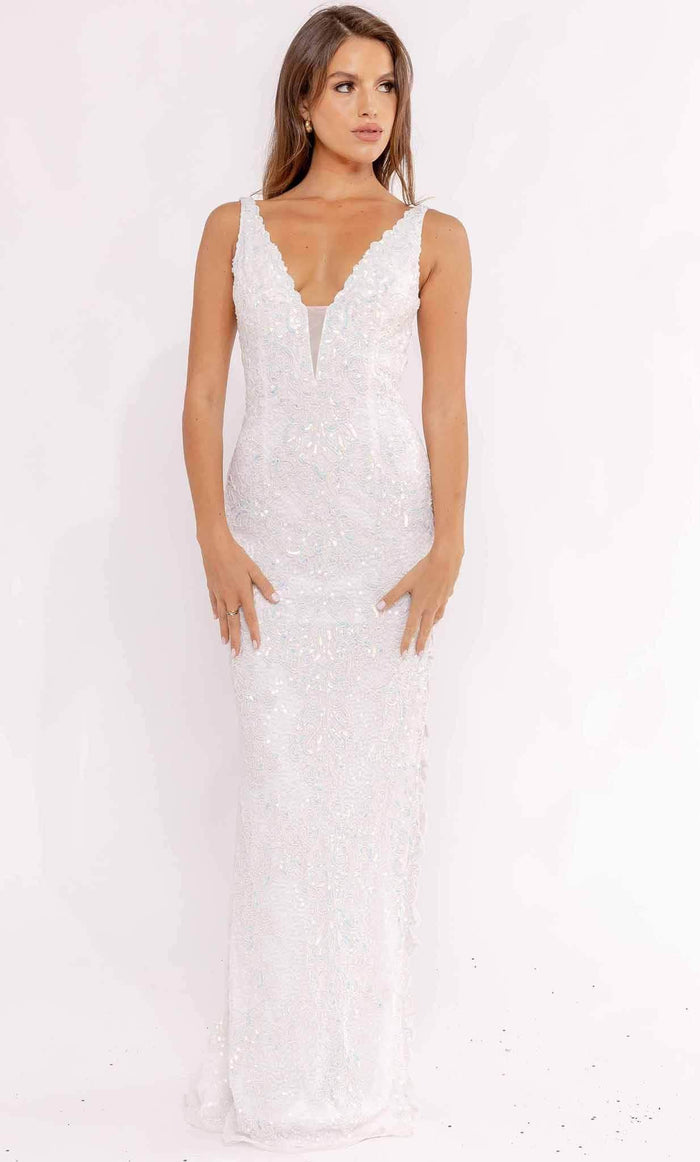 Primavera Couture 3953 - Plunging Embellished Evening Gown Special Occasion Dress 000 / Ivory