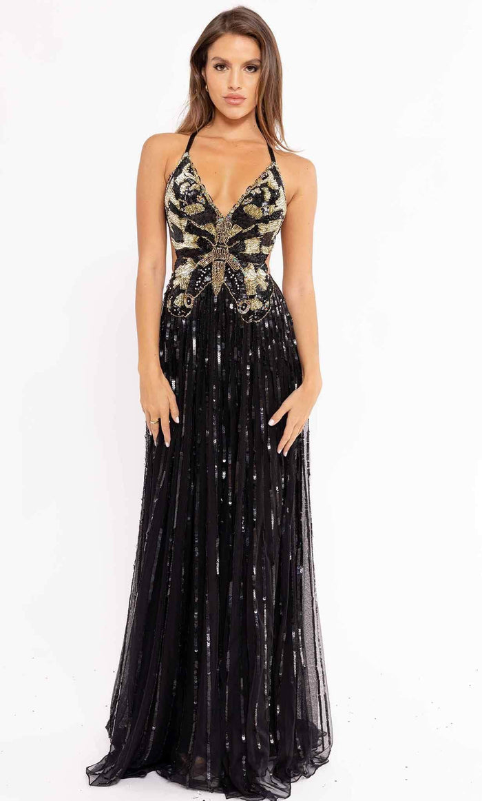 Primavera Couture 3957 - Beaded Butterfly A-Line Prom Gown Special Occasion Dress 000 / Black
