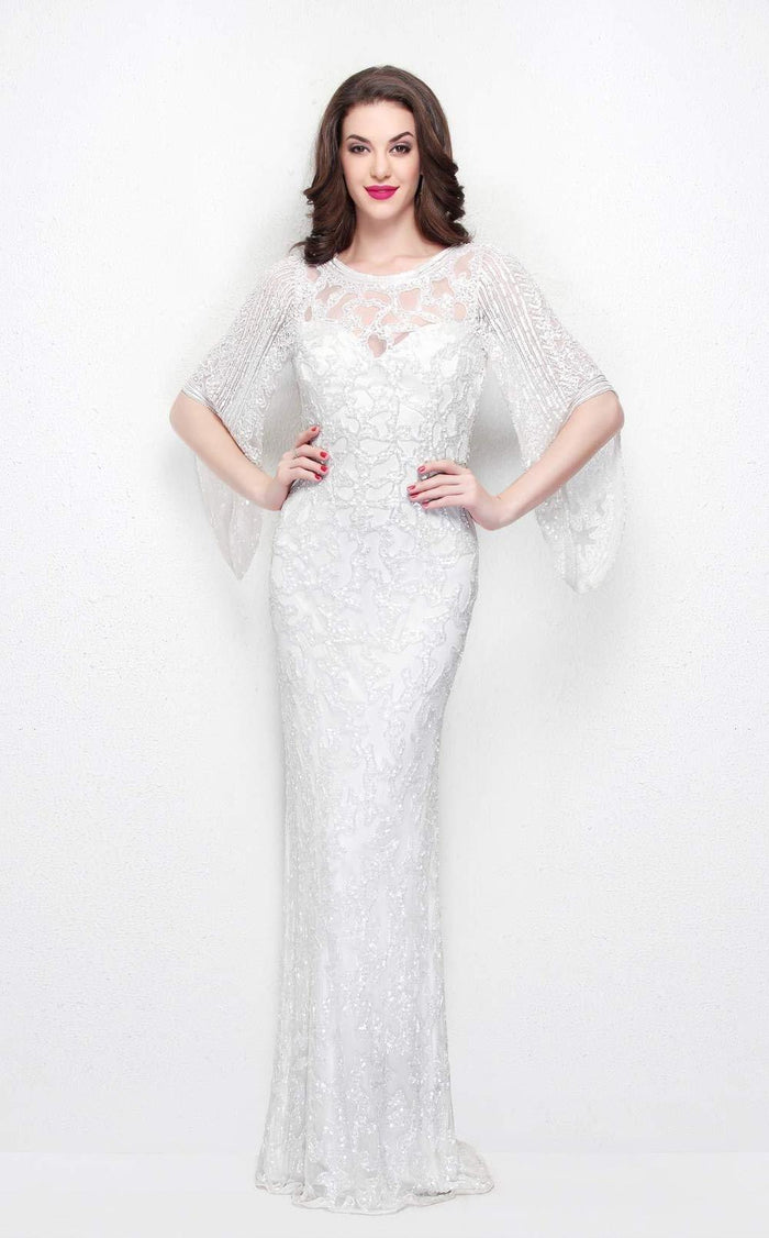 Primavera Couture - 9713 Sequined Flare Sleeve Illusion Sheath Gown Mother of the Bride Dresses 0 / White