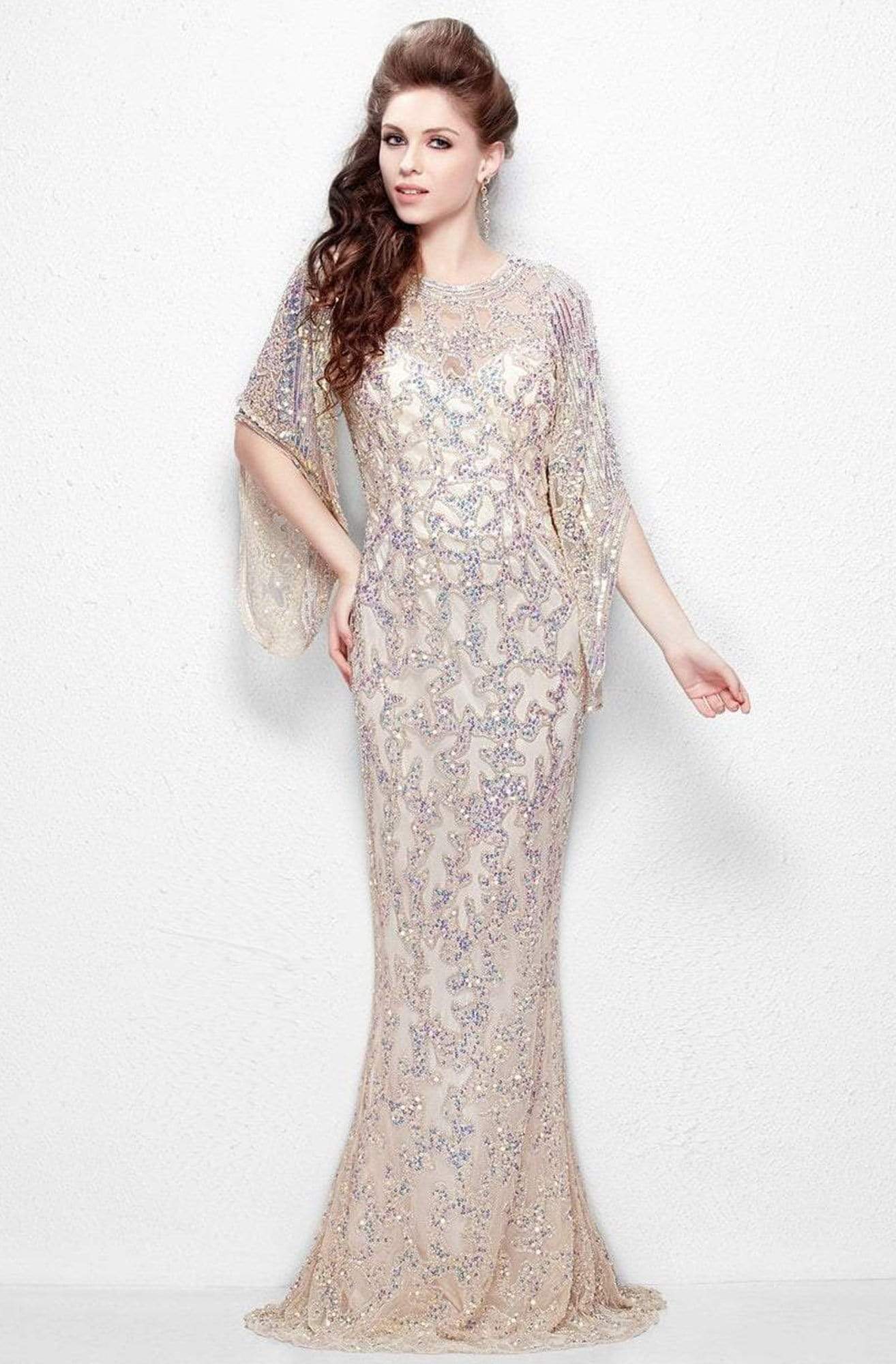 Primavera Couture - 9713 Sequined Flare Sleeve Illusion Sheath Gown ...