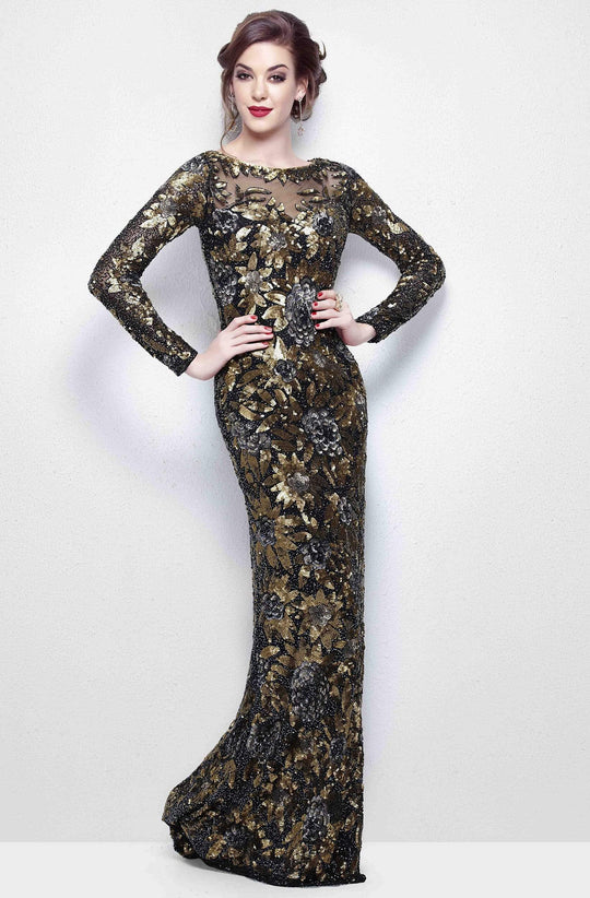 Primavera Couture - Long Sleeve Luxurious Floral Sequined Long Sheath Gown  1401
