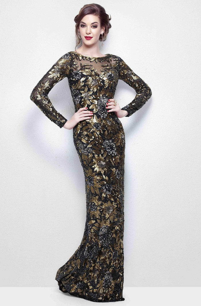Primavera Couture - Long Sleeve Luxurious Floral Sequined Long Sheath Gown  1401 Mother of the Bride Dresses 0 / Black Multi