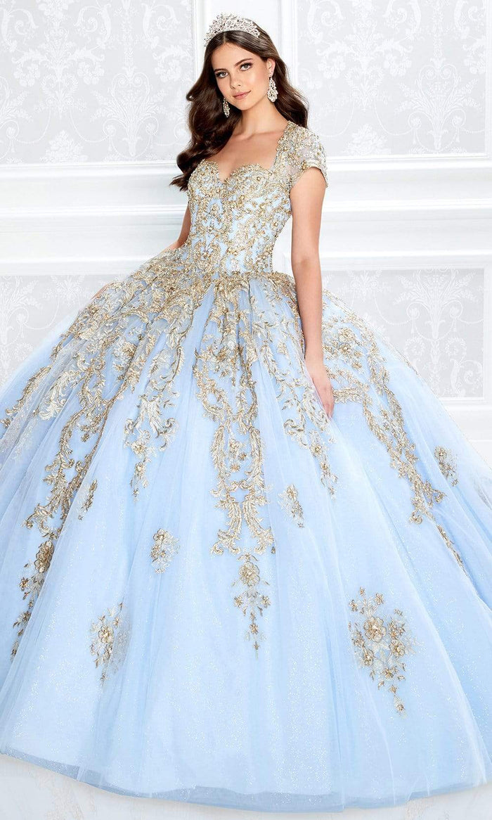 Princesa by Ariana Vara - PR22025 Short Sleeve Ball Gown Quinceanera Dresses 0 / Light Blue/Gold
