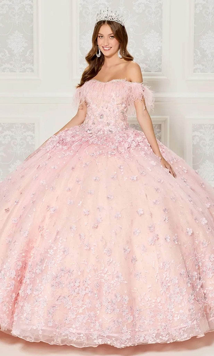 Princesa by Ariana Vara PR30115 - Feather Off Shoulder Ballgown Quinceanera Dresses 00 / Blush/Champagne