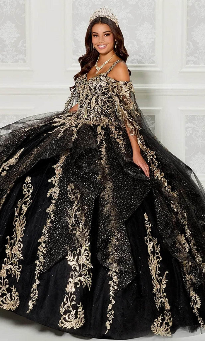 Princesa by Ariana Vara PR30117 - Off Shoulder Gilded Ballgown Quinceanera Dresses 00 / Black/Gold