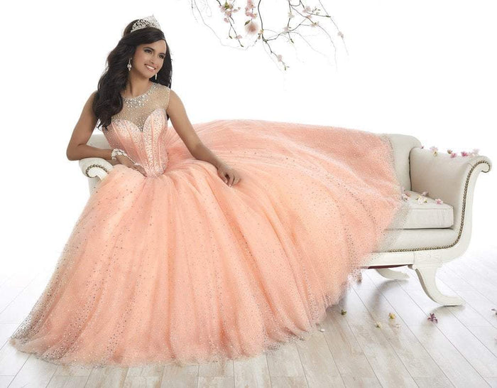 Quinceanera Collection - 26866 Sparkly Illusion Lace Up Back Ballgown Special Occasion Dress 0 / Coral