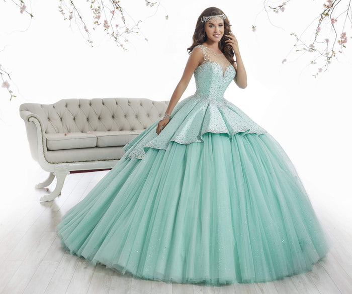 Quinceanera Collection - 26873 Illusion Jewel Pleated Ballgown Special Occasion Dress 0 / Aqua