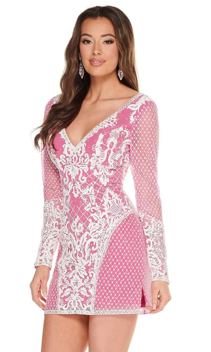 Rachel Allan - 40041 Contrast Lace Long Sleeve Cutout Back Dress Homecoming Dresses 0 / White Hot Pink