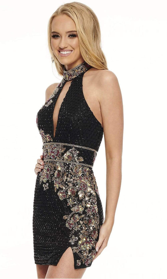 Rachel Allan - 40106 High Halter Sheath Dress Homecoming Dresses 0 / Black/Multi-Color