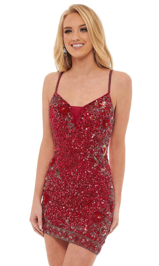 Rachel Allan - 40152 Sequined V Neck Cocktail Dress Cocktail Dresses 0 / Deep Magenta