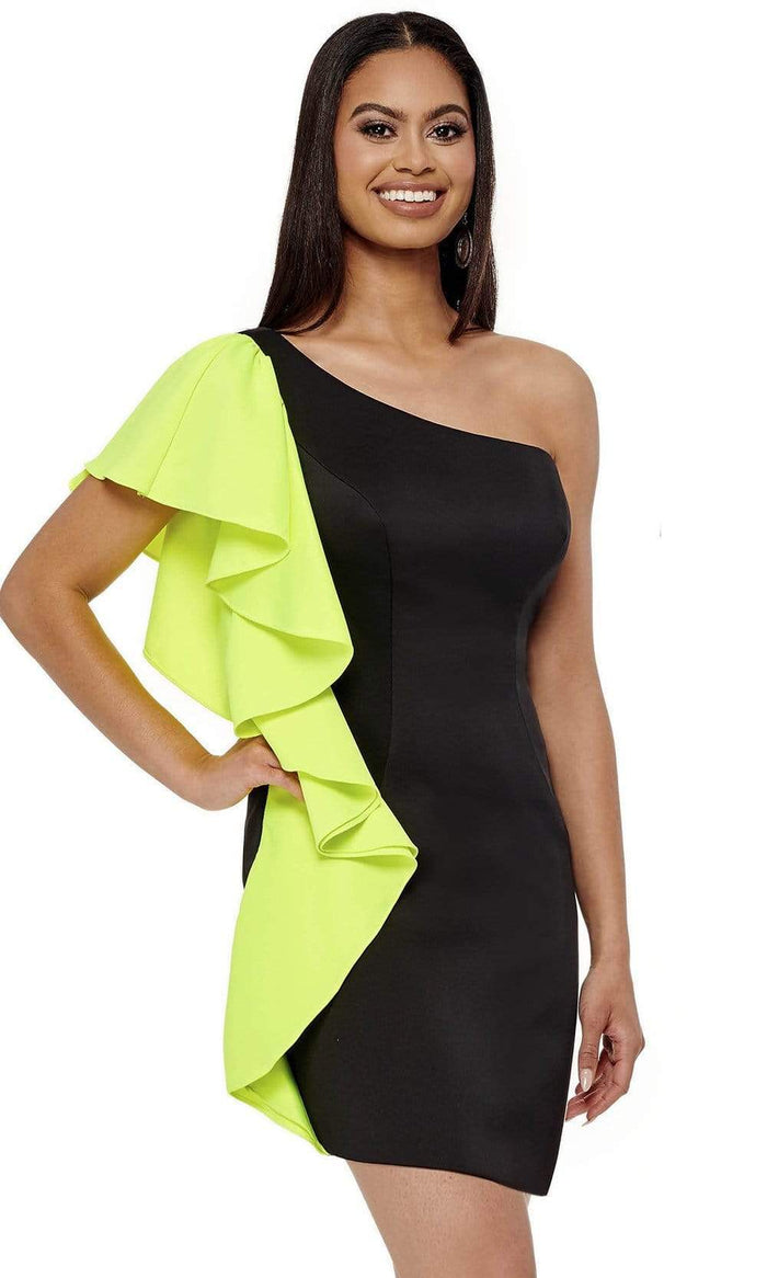 Rachel Allan - 50061 Asymmetric Fit Sheath Short Dress Homecoming Dresses 0 / Black Neon Green