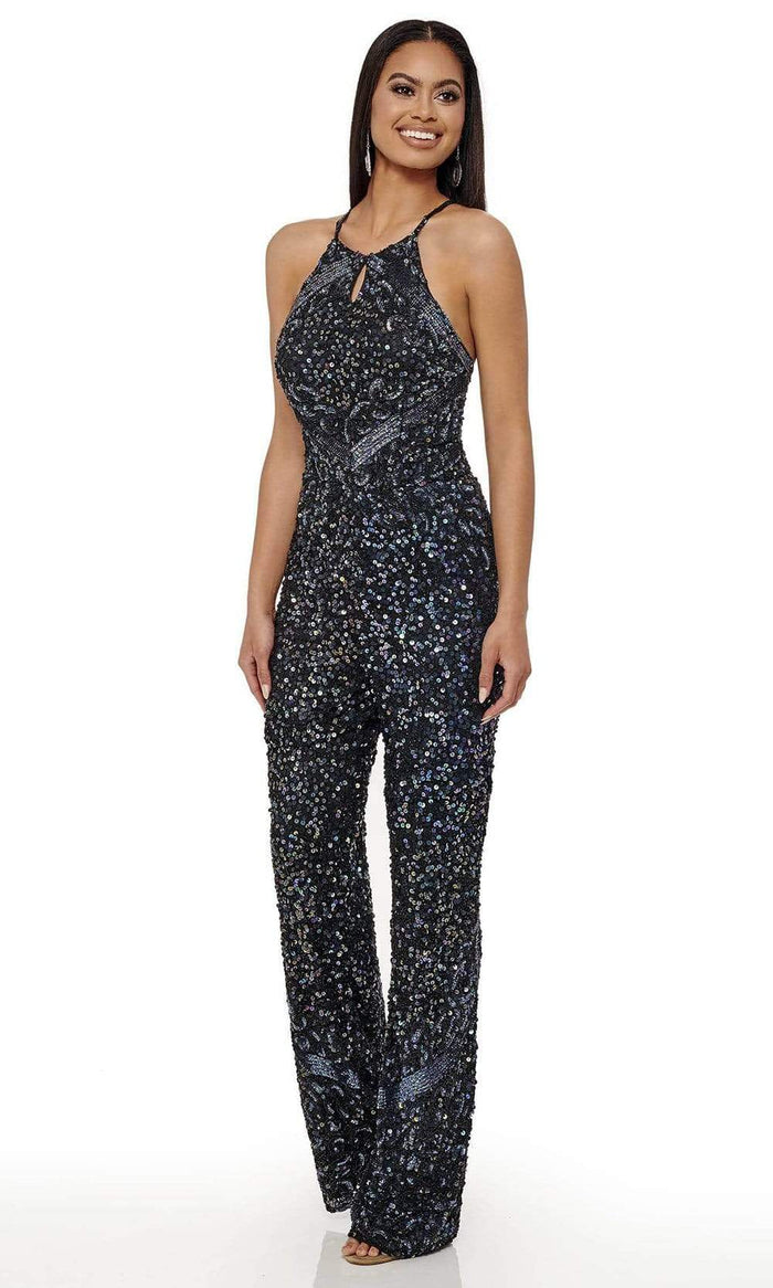 Rachel Allan - 50063 Crisscross Embellished Jumpsuit Evening Dresses 0 / Black Iridescent
