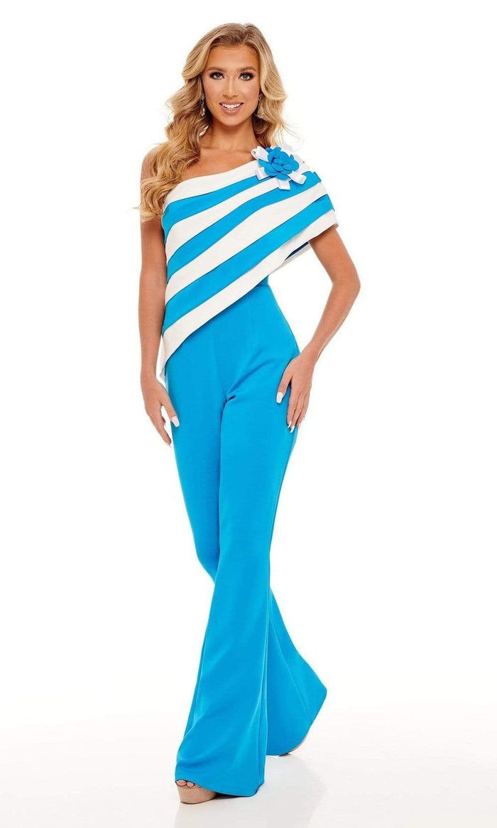 Rachel Allan - 50089 Stripe Draped Jumpsuit Evening Dresses 00 / Ocean Blue White