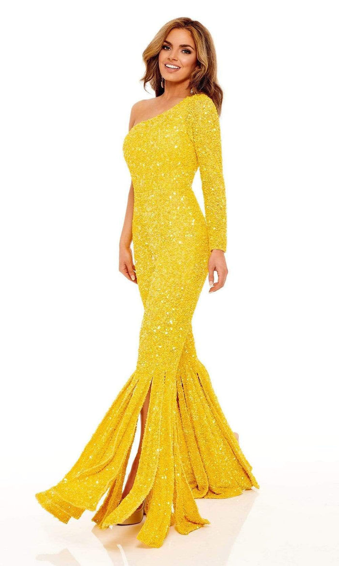 Rachel Allan - 50120 Sequined Split Hem Jumpsuit Evening Dresses 00 / Yellow Iridescent