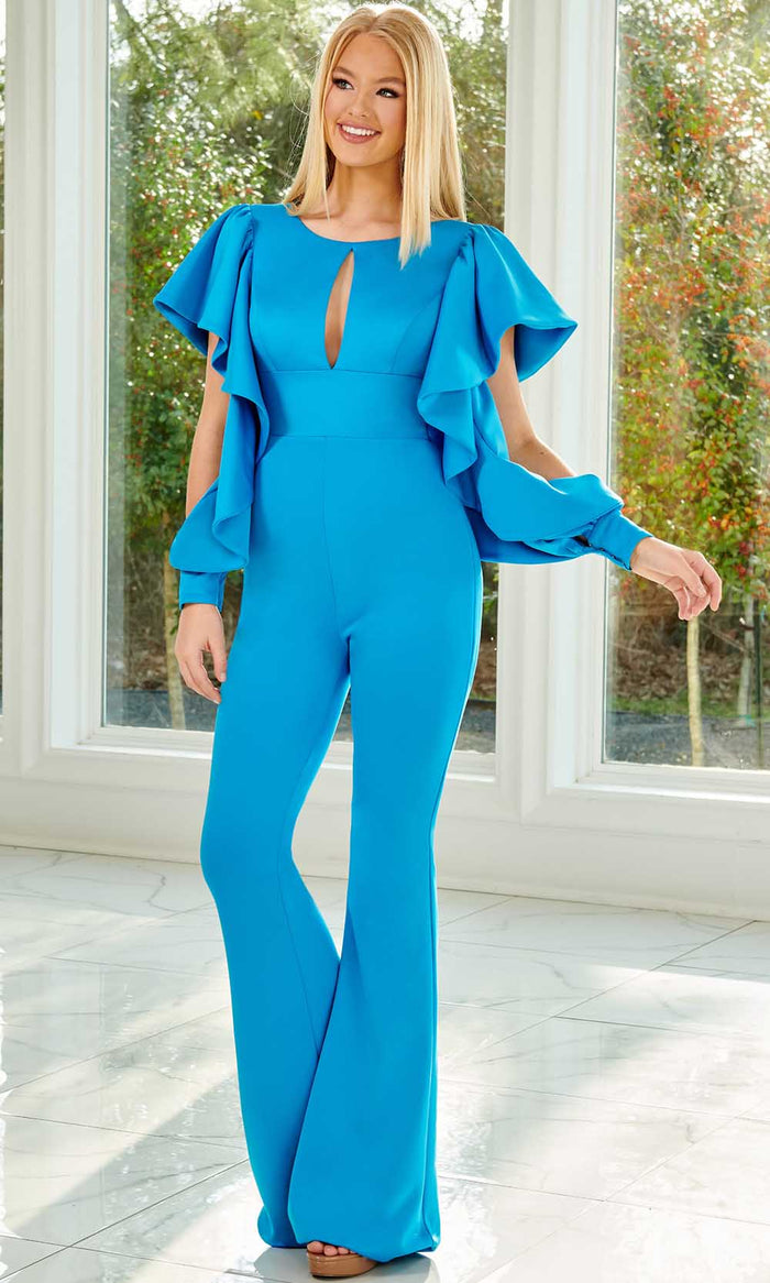 Rachel Allan 50131 - Long Sleeve Jumpsuit Special Occasion Dress 0 / Ocean Blue
