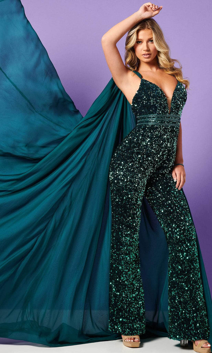 Rachel Allan 50202 - Sleeveless Sequin Jumpsuit With Cape Special Occasion Dress 00 / Emerald Ombre
