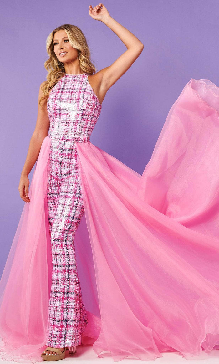Rachel Allan 50229 - Halter Plaid Jumpsuit with Overskirt Special Occasion Dress 00 / Pink