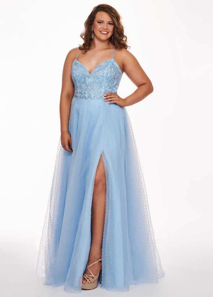 Rachel Allan - 6680 Sleeveless V-Neck Double Strapped Beaded Gown with Slit - 1 pc Powder Blue In Size 28W Available CCSALE 28W / Powder Blue