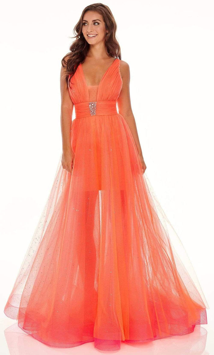 Rachel Allan - 70063 Plunging V Neck Tulle Dress Prom Dresses 00 / Coral Iridescent