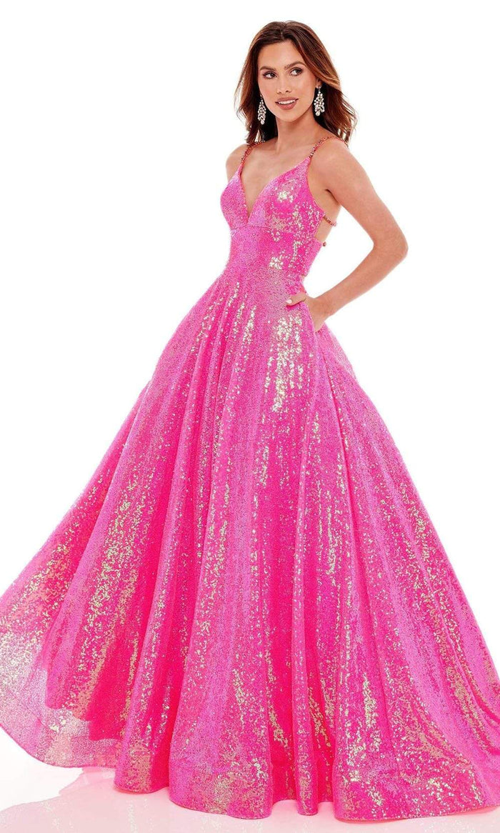 Rachel Allan - 70130 Sequined Strappy Back Gown Prom Dresses 00 / Hot Pink