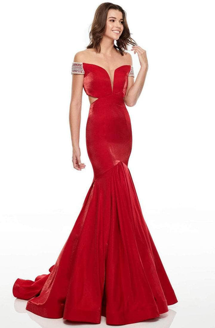 Rachel Allan - 7016 Illusion Deep Off-Shoulder Prom Dress - 1 pc Deep Red In Size 6 Available CCSALE 6 / Deep Red