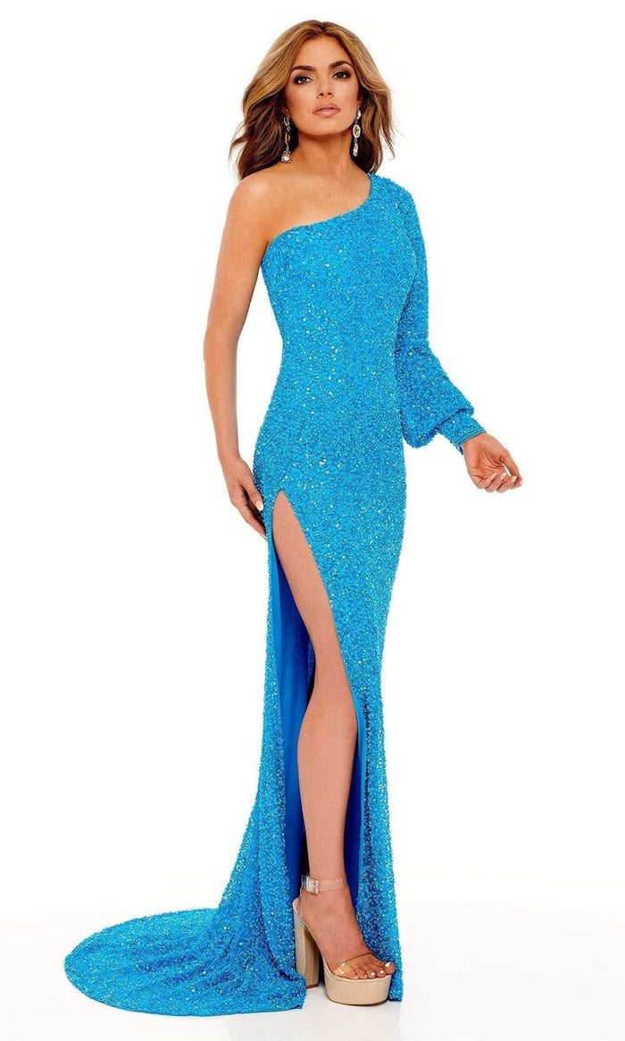 Rachel Allan - 70171 Bishop Sleeve Sequin Gown With Slit Prom Dresses 00 / Ocean Blue