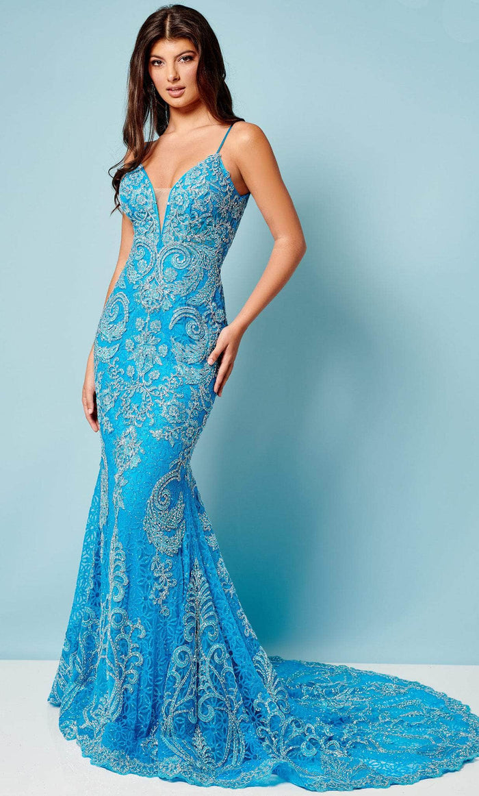 Rachel Allan 70276 - Beaded Applique Prom Dress Prom Dresses 00 / Ocean Blue