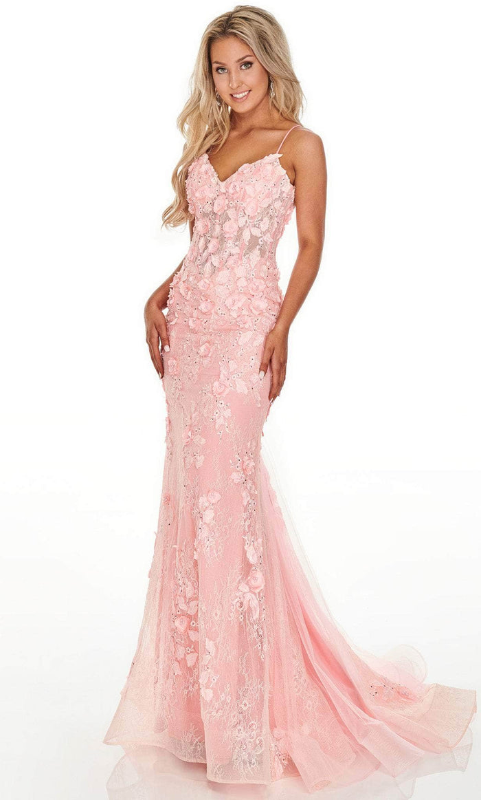 Rachel Allan 70278 - Floral Appliqued Trumpet Prom Gown Special Occasion Dress 00 / Blush