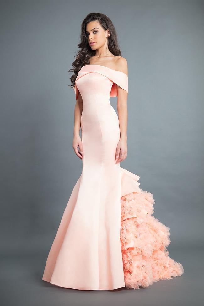Rachel Allan Couture - 8355 Satin Off-Shoulder Ruffled Mermaid Dress Special Occasion Dress 0 / Light Peach